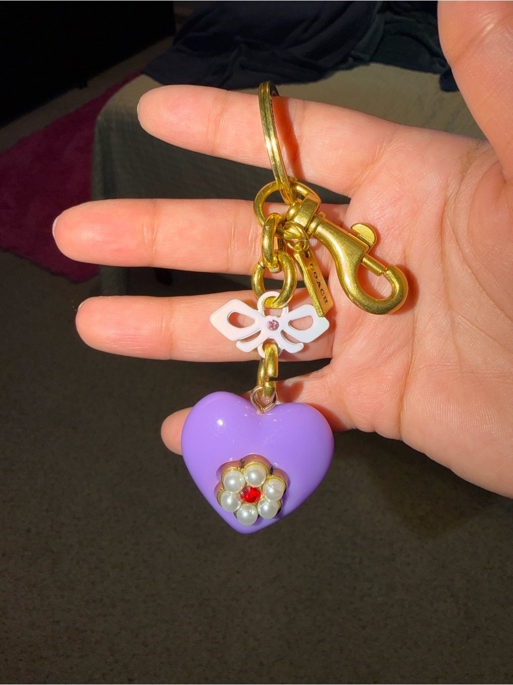 Coach Purple Heart Keychain with Gold Hardware and White Bow Charm